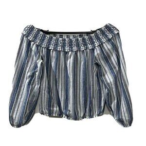 Aeropostale Off Shoulder Top Blue White Striped Balloon 3/4 Sleeve Top Sz Med